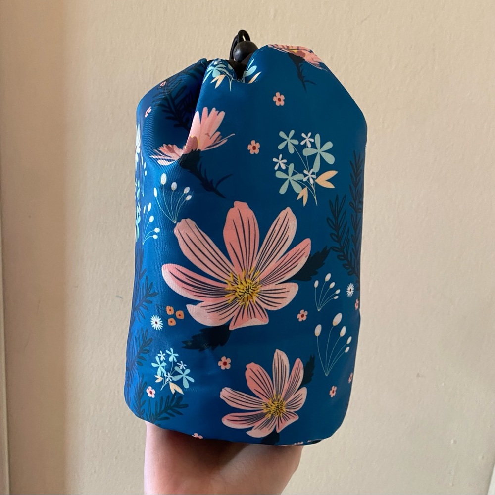 Blue and Pink Floral Print Cylinder Makeup Pouch with Drawstring